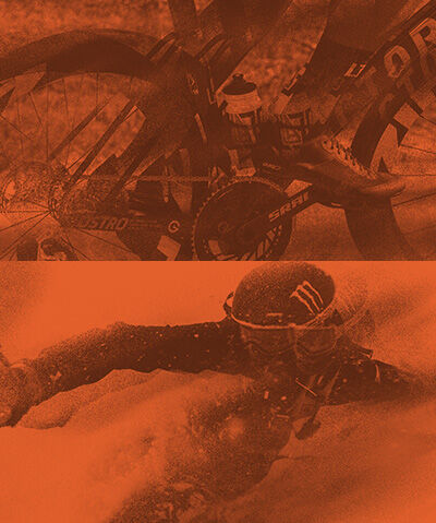 Orange treatment on images of a mountain biker and snow boarder