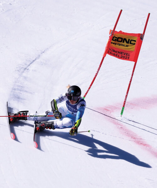 Race and shield snow skier