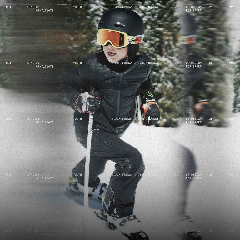 Young skier with stylized text in the background