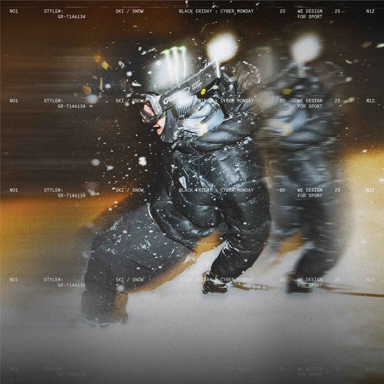 skier with stylized text in the background