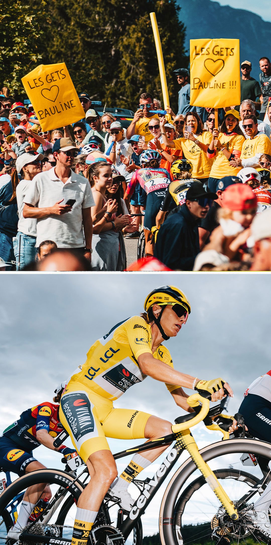 two images depicting tour de france race