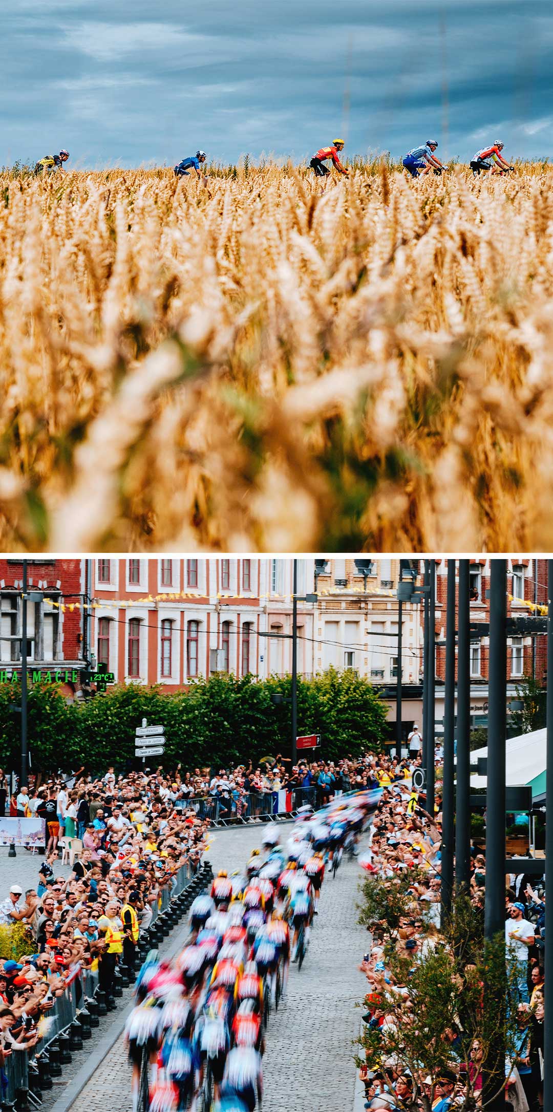 two images depicting tour de france race