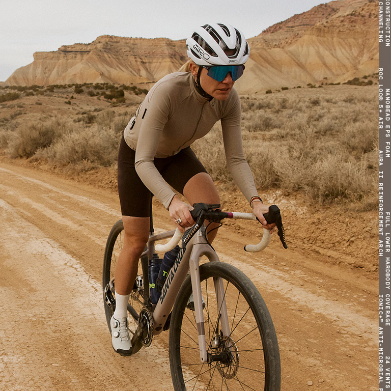 Cyclist in a gravel bike on a dirt road