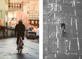 Two photos side-by-side of Andrew Jackson riding his bicycle over the colorful and well worn streets of downtown Los Angeles.