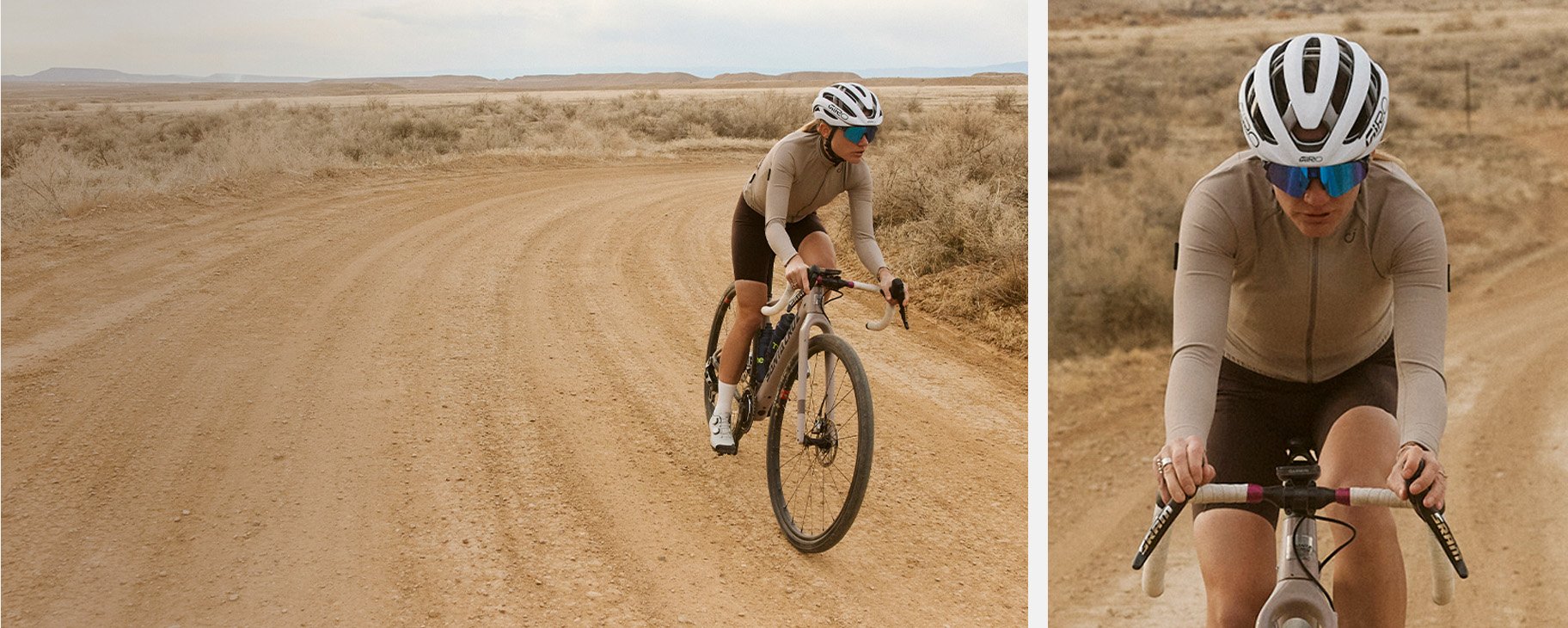 Giro rider on a gravel road wearing an Aries Spherical Helmet