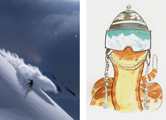 Two images: Bryan Fox carving powder on a mountainside, and a snake wearing Giro VIVID Goggles and a touque.