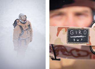 Two images: Bryan Fox standing on a mountainside, and a closeup of his custom goggle strap.
